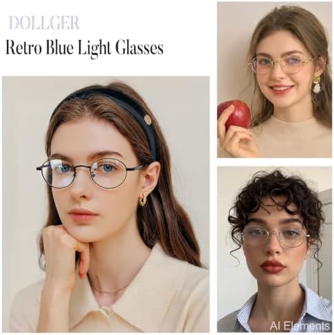 Dollger Oval Blue Light Glasses for Women Retro Anti Bluelight Blocker Glasses Men for Computer Small Metal Frame Eyeglasses