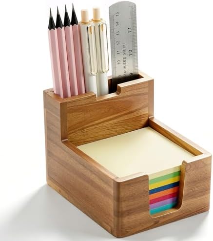 Acacia Wood Sticky Note Holder with Pen Slot, 3x3 Sticky Note Dispenser for Desk, Non-Slip Pads Office Storage Organizer