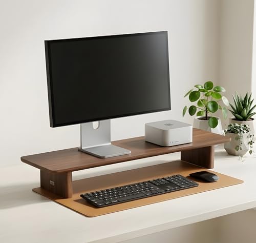 Walnut Single Monitor Stand Riser - 31.5" Wooden Monitor Stand for iMac, Laptop & Monitor, Minimalist Desk Shelf Organizer, Natural Wood Grain