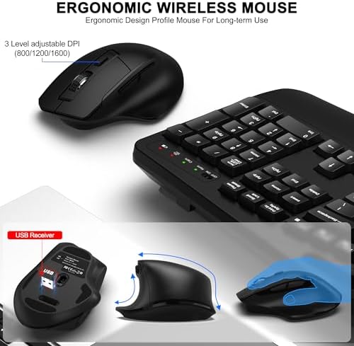Wireless Keyboard and Mouse Combo, 2.4G Ergonomic Wave Keys(Black)