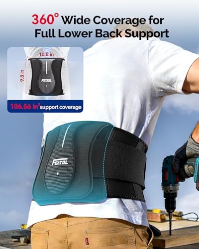 FEATOL Back Brace for Lower Back Pain Wide Coverage 360° Strong Lumbar Support with Removable Pad, Adjustable Waist Support Belt for Men Women, Size L/XL 29.8"-38.6"