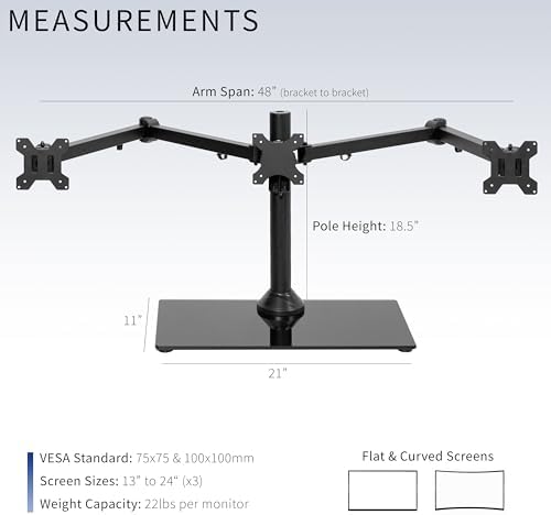VIVO Black Triple Monitor Mount Freestanding Desk Stand with Glass Base, Heavy Duty Fully Adjustable Stand for 3 Screens up to 24 inches STAND-V003FG