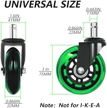 3" Office Chair Wheels for Casters Replacement Set of 5 - Office Caster Wheels for Carpet,Computer Chair Wheels,Smooth & Mute for Hardwood Floors and Mats. (Green Transparent)
