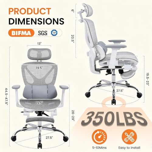 LuxErgo Big & Tall Ergonomic Mesh Office Chair 350lbs, High Back Reclining Gaming Desk Chair with 3D Headrest, Adjustable Armrests, Lumbar Support & Retractable Footrest, Gray