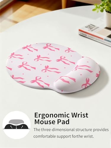 Seorsok Cute Pink Ribbon Bow Tie Mouse Pad with Gel Wrist Support Mouse Pad,Ergonomic Aesthetic,Comfort Mousepad for Office Work Computer,Pain Relief Mousepad with Non-Slip Silicone Base,Pink Bow