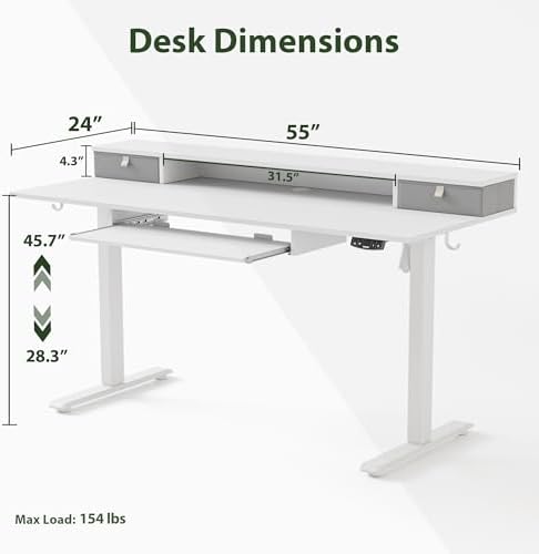 Agilestic 55 Inch Standing Desk with Drawers & Keyboard Tray, White