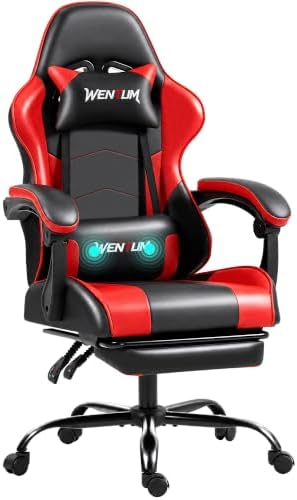Gaming Chair with Footrest for Adults, PU Leather Massage Racing Video Game Chair w/Lumbar Support for Men Women, Ergonomic Computer Gamer Chair for Home Office, Height Adjustable, Red