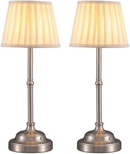 KDG Nickel Cordless LED Table Lamps Set of 2, Beige Fabric Shade Desk Lamps