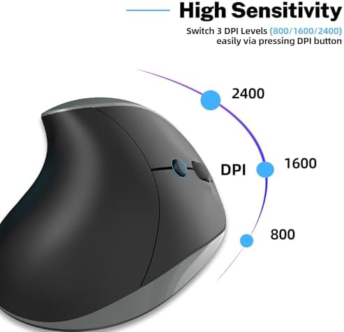 Ergonomic Mouse,Rechargeable Small Vertical Mouse with 6 Buttons Adjustable 800/1200/1600 DPI Purple Wireless Mouse for Laptop, Desktop, PC, MacBook (Gray)