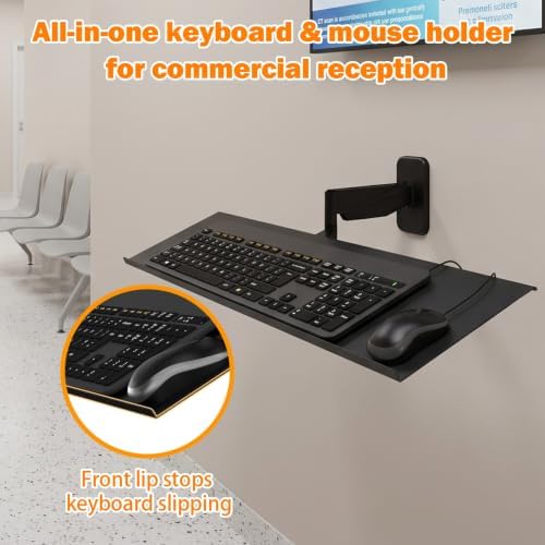 Wall-Mounted Keyboard Tray with Adjustable Spring Arm for Ergonomic Workstation, 23.6 inch Aluminum Platform, 180 Swivel 90 Tilt Capacity 22lbs, Space-Saving Desk Organizer 19.69"