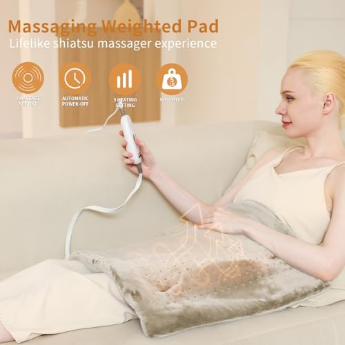 SAROO Massaging Weighted Heating Pad for Back Pain Relief,12"*24",Camel