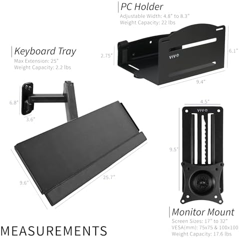 VIVO Sit-Stand 17 to 32 inch Single Monitor Wall Mount with Pneumatic Arm Keyboard Tray and PC Wall Mount Combo, Max VESA 100x100mm, Black, MOUNT-VWKB1P