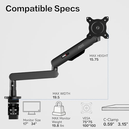 AOC 406PLUS Premium Aluminum Single Monitor Arm, Fits 13–34 Inch and 19.84 lbs, Mechanical Spring Desk Mount,C-Clamp,Low-Profile Gaming Bracket Enables Screen to Sit Close to Desktop(Gray)