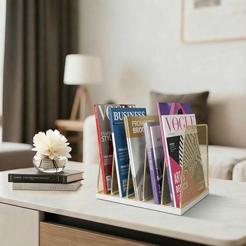 LEKETREE Gold Desk File Organizer, 5-Section Upright File Sorter, Vertical File Folder Holder, Mesh Metal Wood Office Desk Organizer for Document, Magazine, Books and more (White and Gold)