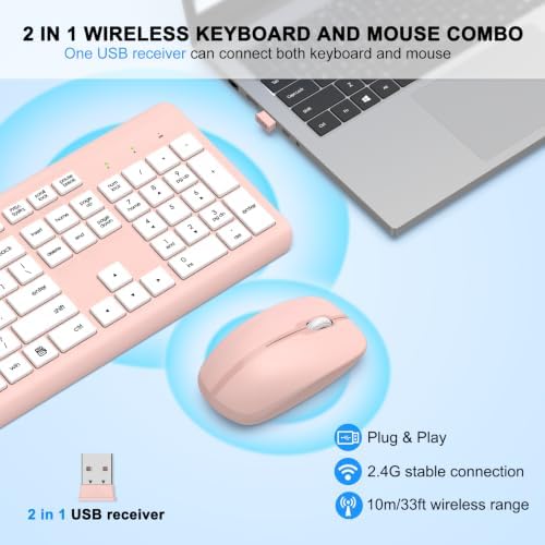 Wireless Keyboard and Mouse Combo, Full-Size Silent Ergonomic Keyboard and Optical Mouse, Long Battery Life, 2.4G Lag-Free Mice Keyboard for Computer, Mac, Laptop, PC, Windows(White Pink)