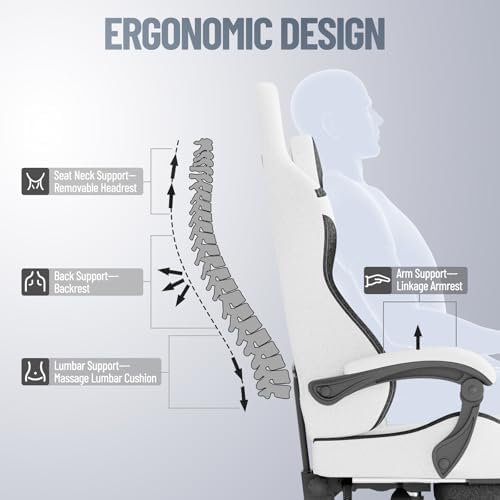 Ferghana Breathable Fabric Ergonomic Gaming Chair, Ergonomic High Back Gamer Chair with Footrest and Linkage Armrest, Office Computer Video Game Chair for Adult, White/Black