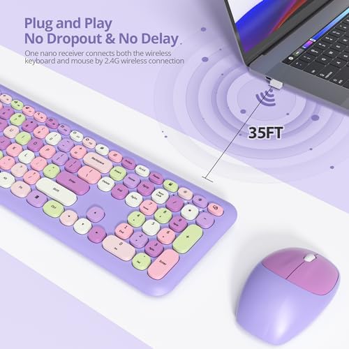 Surmen Cute Purple Keyboard and Mouse Wireless Silent, Full-Size Retro Typewriter Wireless Quiet Slim Colorful Keyboard Low-Noise 2.4GHz for Computer, Desktop, Laptop(6-Purple)