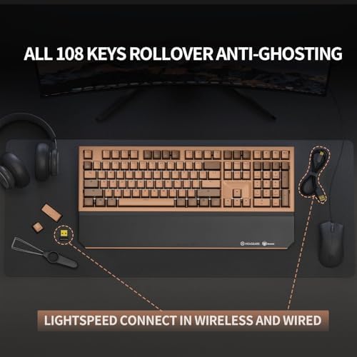 Hexgears X5 Wireless Mechanical Keyboard Full Size 108 Keys, Kailh Box 3.0 Tactile Switch, Ergonomic, N-Key Rollover, Backlit Gaming Keyboard with Wrist Rest (Coffee)