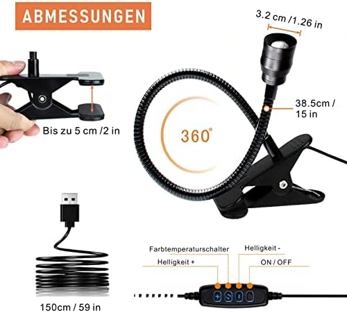 YMCRLUX Zoomable LED Reading Lights for Bed Headboard, Clip on Spotlight Lamp for Desk, Dorm Bed, Dimmable USB Clamp Book Light with Flexible Gooseneck, Adjustable Beam Angle 15°-80°