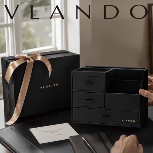 Desk Organizer with Drawer, Luxury 7 Compartments Leather Desk Caddy, Black