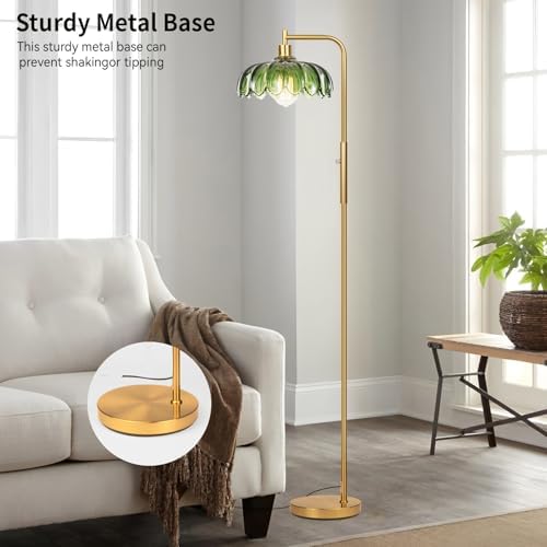 Ruiever Glass Floor Lamp for Living Room, Dimmer Standing Lamp with Green Lampshade,66” Tall Lamp & Gold Floor Lamp for Bedroom Study Room,Brushed Gold LED Bulb Included (Flower Green Glass Shade)