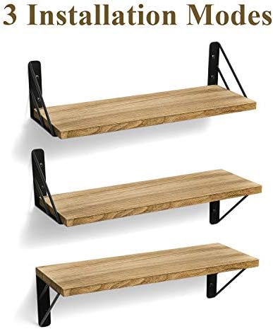 BAYKA Wall Shelves for Bedroom Decor, Floating Wall Shelves for Living Room Kitchen Storage, Wall Mounted Rustic Wood Floating Shelves for Kids Books, Corner Shelves for Bathroom(Brown，Set of 3)