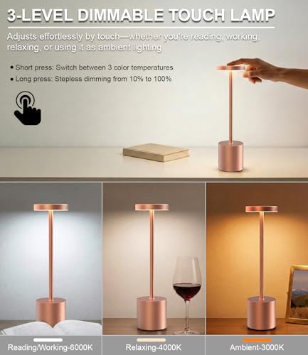 Cordless Table Lamps Rechargeable Set of 2, Portable LED Desk Lamp, 5000mAh Battery Powered Wireless Table Light - 3 Color Dimmable Lighting for Restaurant Dining Patio Outdoor Bedroom(Rose Gold)