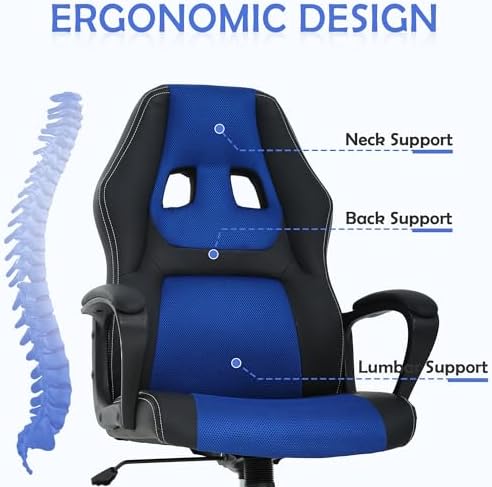 Blue Massage Gaming Chair for Kids, Ergonomic Office Chair Computer Chair with Adjustable High Back & Armrest, PU Leather Gamer Chair with 360°Swivel, Heavy Duty Gaming Chairs for Adults, Teens
