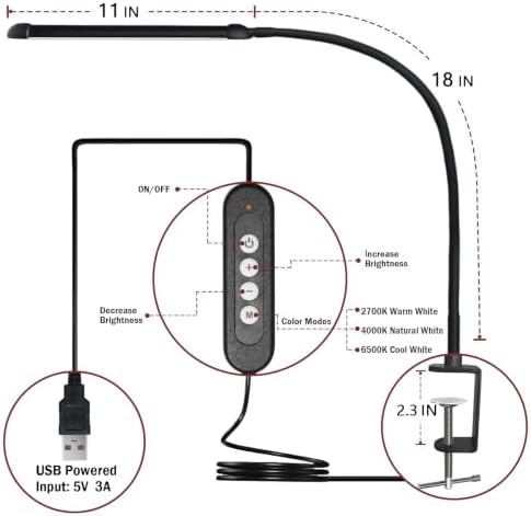 12W LED Desk Lamp with Clamp, Flexible Gooseneck for Home Office