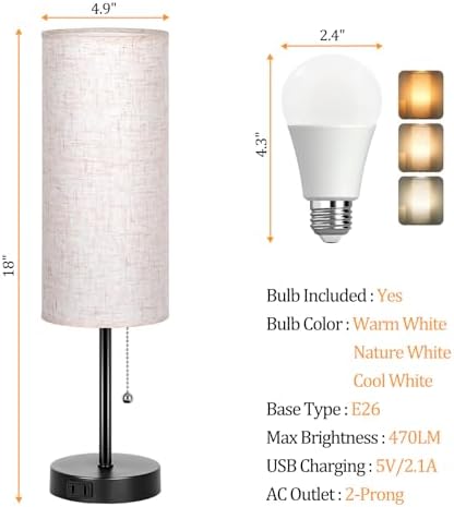 Dott Arts 18" Table Lamp for Bedroom, 3-Color Bedside Lamps with Pull Chain
