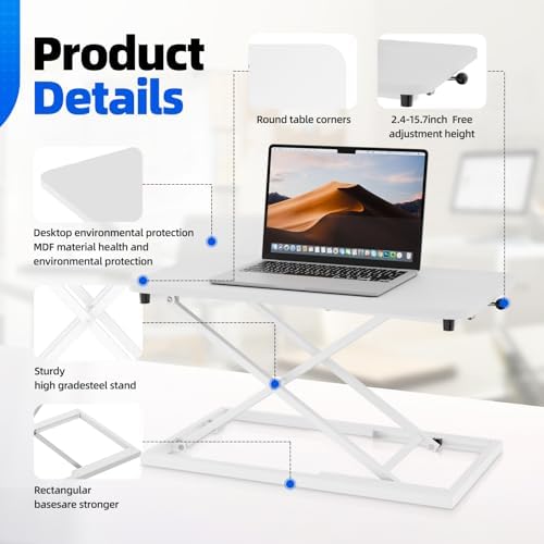Standing Desk Converter 24 Inch, Height Adjustable Sit to Stand Desk Riser, Ergonomic Desktop Workstation for Laptop and Single Monitor, Home Office Computer Desk Riser-White