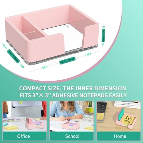 Sticky Note Holder with Pen Slot, Pink Acrylic Notepad Holder 3x3 in Self-Stick Note Dispenser Office Desk Accessories, Memo Pad Holder Organizer for Classroom School Supplies