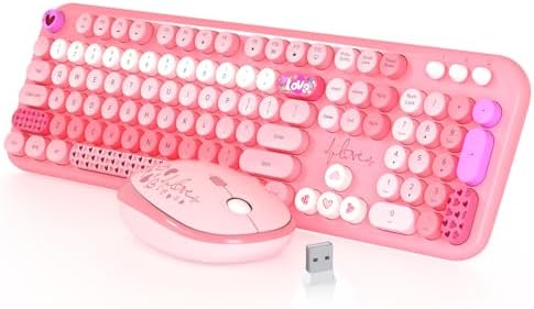 Wireless Keyboard and Mouse,MOFII 104 Round Keys Lovely Full-Size Cute Colorful Keyboard and Mouse with Retro Typewriter for PC/Mac/Laptop/Tablet/Computer/Windows Pink