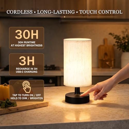 Kakanuo Cordless Table Lamp Rechargeable Small - 2 Pack Beige Black, 4000mAh Battery Operated Lamp with Touch Control Stepless Dimming, Wireless Lamp for Bedside, Nightstand, Bedroom, Living Room
