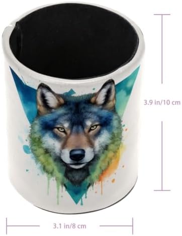 Leather Pen Holder for Desk, Watercolor Wolf Pencil Cup Pen Organizer Makeup Brush Holder for Office Home Kids Countertop Desk Accessory Storage
