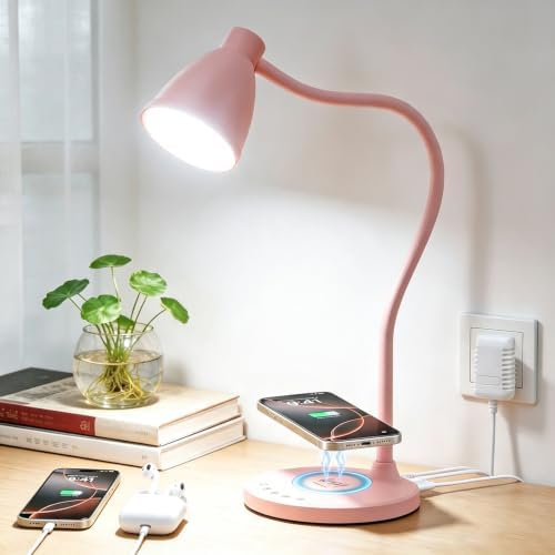 BOHON Cute Desk Lamp for Home Office with USB C+A Charging Port Timer Pink