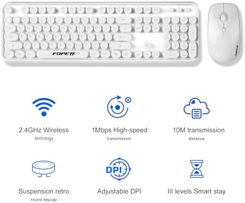 FOPETT Wireless Keyboard and Mouse Combo - 2.4G Full-Sized White Keyboard with Round Keycaps 104 Keys Typewriter Keyboard for Laptop/Windows/PC - White