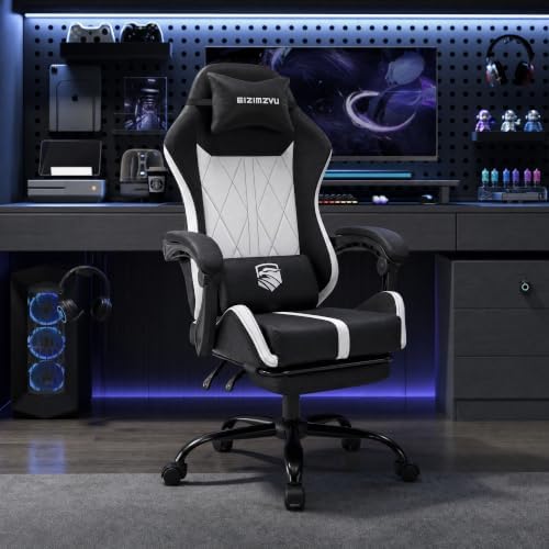 Mid Back Gaming Chair with Footrest, 90°-135° Reclining Computer Chair with Headrest and Lumbar Pillow, Linked Armrests, Height Adjustable 360° Swivel Rolling Office Chair (Black-N)