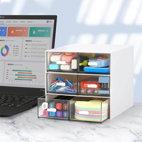 Desk Organizer with 5 Drawers, Rectangular Office Stationery Supplies Desktop Drawers, Plastic Makeup Storage, Suitable for Office, School, Home (White & 6 Drawers)