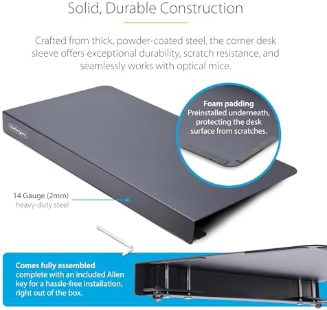 StarTech.com Clamp-On Steel Desk Corner Sleeve for L-Shaped/Corner Desk, for 0.5-1.5in (12.7-38.1mm) Desks, Increase Space for Keyboard/Mouse, Desk Extender/Tray for Wooden/Steel Desks (DSKCRNRSLV)
