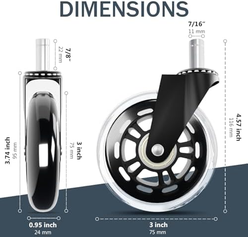 Office Chair Wheels Replacement,3" Rubber Casters 7/16" Stem,Universal fit for Most Rolling/Gaming Chairs,Floor Protection for Carpet/Hardwood/Tile,Smooth&Quiet Rolling,Set of 5 (Transparent)