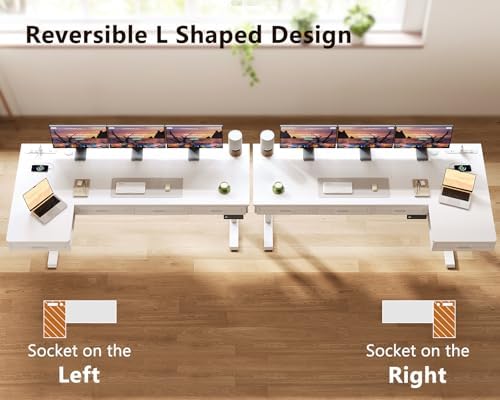 OffiGo 63 Inch L Shaped Standing Desk with 4 Wooden Drawers, White