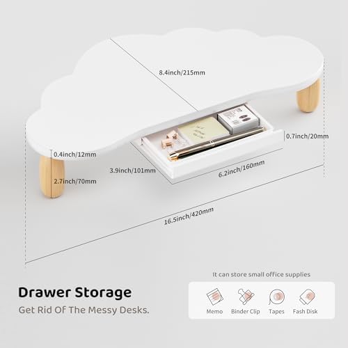 AFOOYO Monitor Stand Riser,Cloud-Shaped Sturdy Wood 16.5In Computer Monitor Riser Wirh Drawer, Multi-Purpose Desktop Organizer Riser for Computer,Laptop,Printer,TV,White