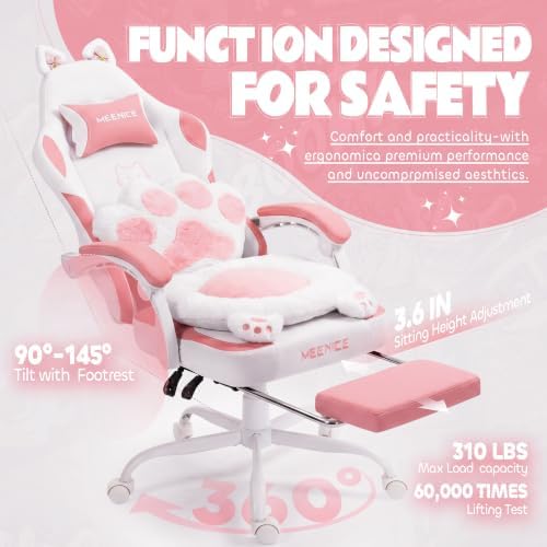 Pink Gaming Chair Cute with Cat Ears Paw Lumbar and Cushion,Ergonomic Computer Chair with Footrest,Reclining PC Game Chair for Girl Computer Chair 300lbs for Adult
