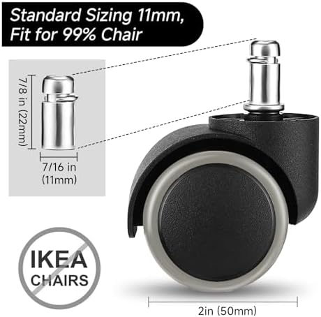 2 Inch Rollerblade Wheels for Office Chairs Replacement, 5PCS Mute Heavy Duty Rubber Rotating Computer Desk Chair Caster, Safe for Wood Floors Carpet, Universal Standard Stem Size Fits 99%