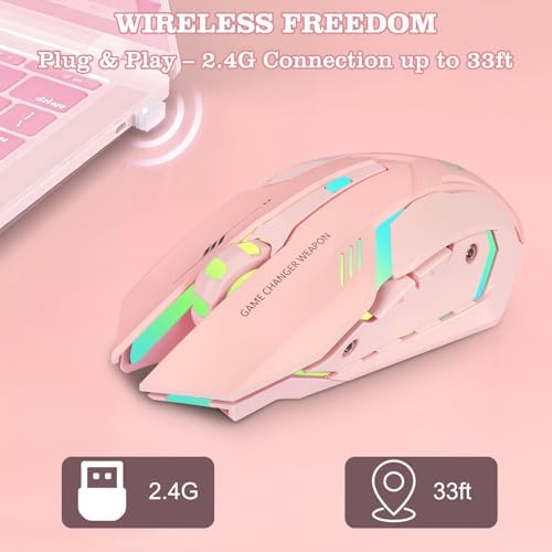Wireless Gaming Mouse,Rechargeable Computer Mouse with Type-C Fast Charging, Ergonomic Mouse with 3 Adjustable DPI, 6 Silent Buttons, LED Light, Long Battery Life for Laptop, PC, Mac (Pink)