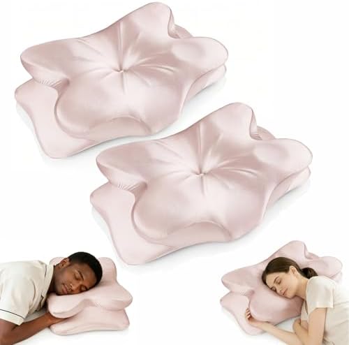2-Pack Cervical Neck Pillow for for Neck Support,Ergonomic Memory Foam Contour Pillow with Wrinkle-Resistant Silky Satin Fabric Cover,Orthopedic Bed Pillow for Side,Back,Stomach Sleepers,Pink