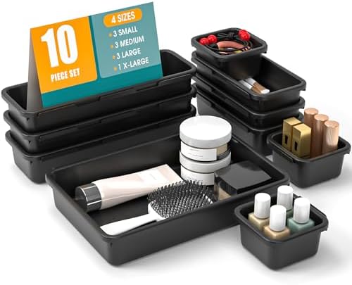 StoreHappily 10 PCS Drawer Organizer Set, 4 Size Makeup Drawer Divider Organizer With Non-Slip Pads, Interlocking Plastic Storage Bins for Office,Jewelry Vanity,Gadgets, Bathroom,Kitchen, Black