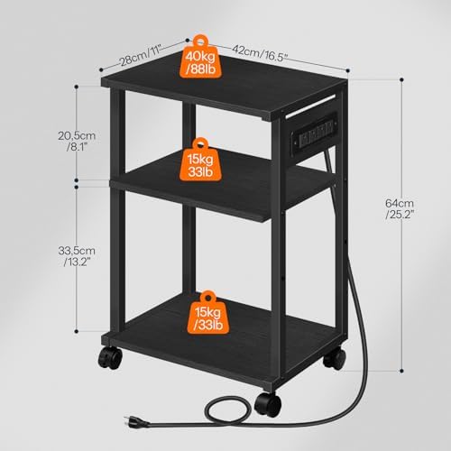 HOOBRO Industrial Printer Stand with Charging Station, 3-Tier Printer Table, Rolling Printer Cart with Adjustable Shelf and Hook, Black BB28UPS01