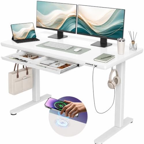 Claiks 55" White Electric Glass Standing Desk Wireless Charging & Drawers